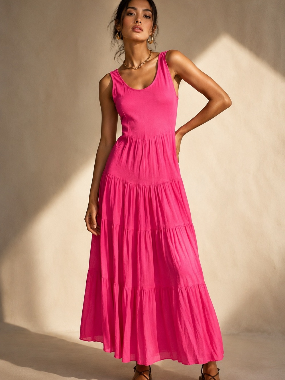 Go Fish Clothing Italian Cotton Hot Pink Sleeveless Tiered Maxi Dress Small
